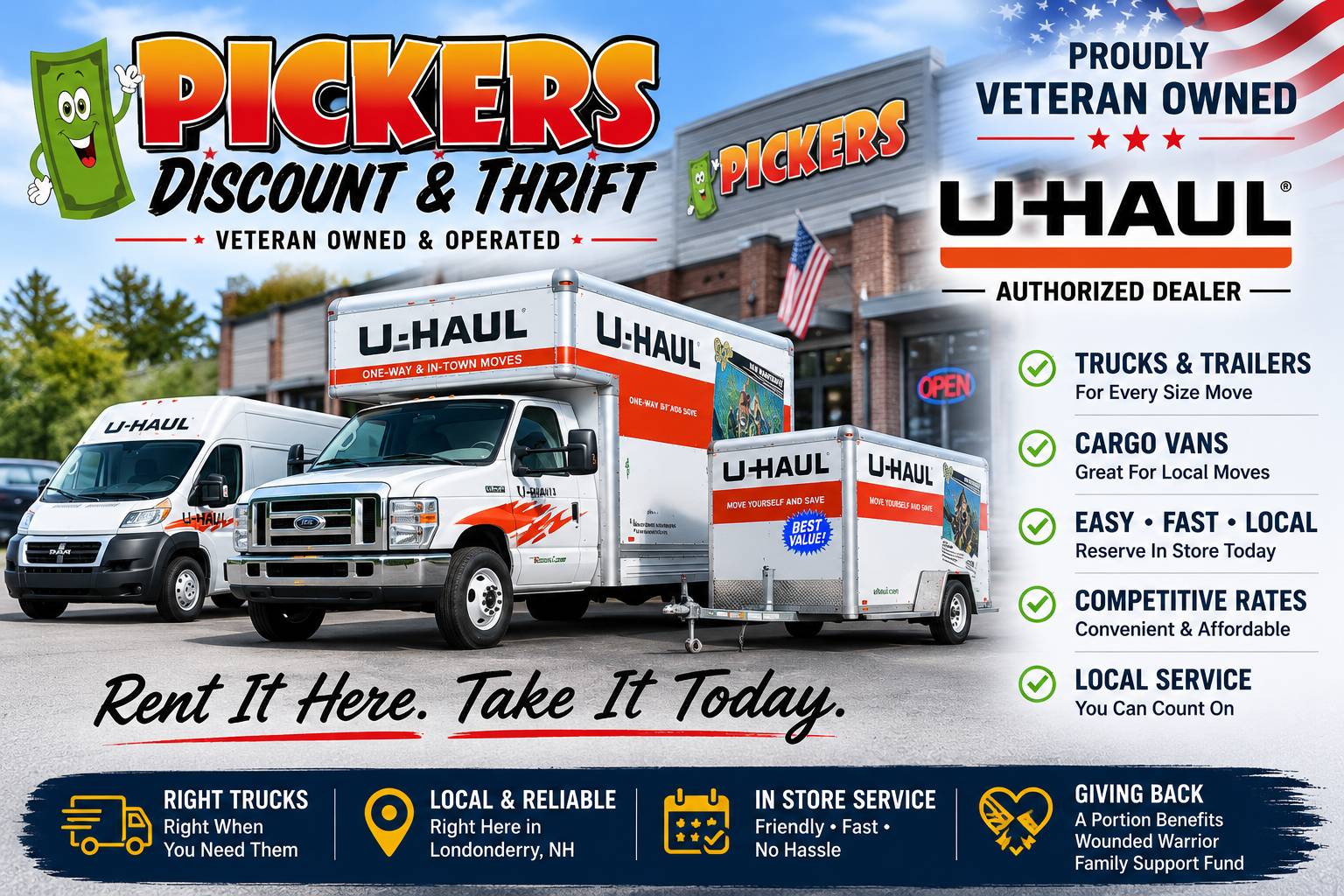 Pickers Discount and Thrift is an authorized U-Haul dealer offering trucks, trailers, and cargo vans in Londonderry, NH